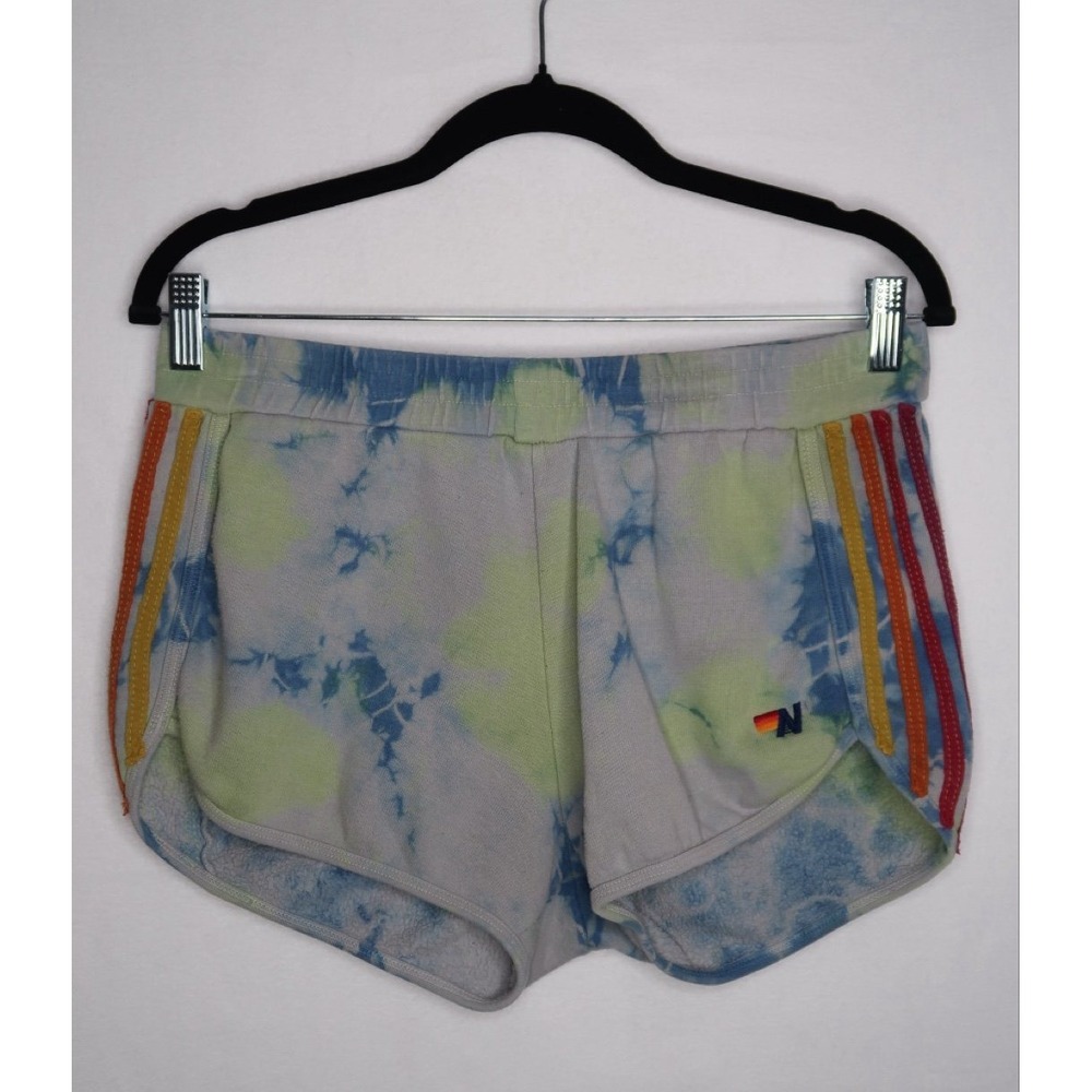 Aviator Nation Tie Dye Rainbow Stripe Sweat Shorts USA Made Women's Size L Loung